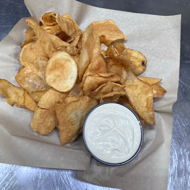 Russet Chips and Green Chile Dip.